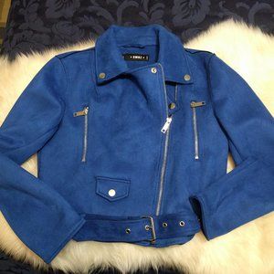 Vibrant blue faux suede biker jacket